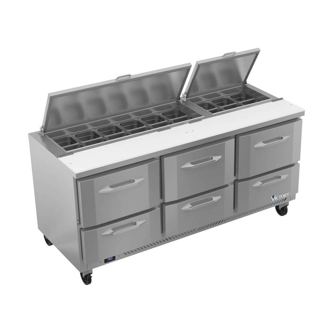 Victory VSPD72HC-18-6 72" Three Section Sandwich / Salad Prep Table w/ 6 Drawers, 18 Pans