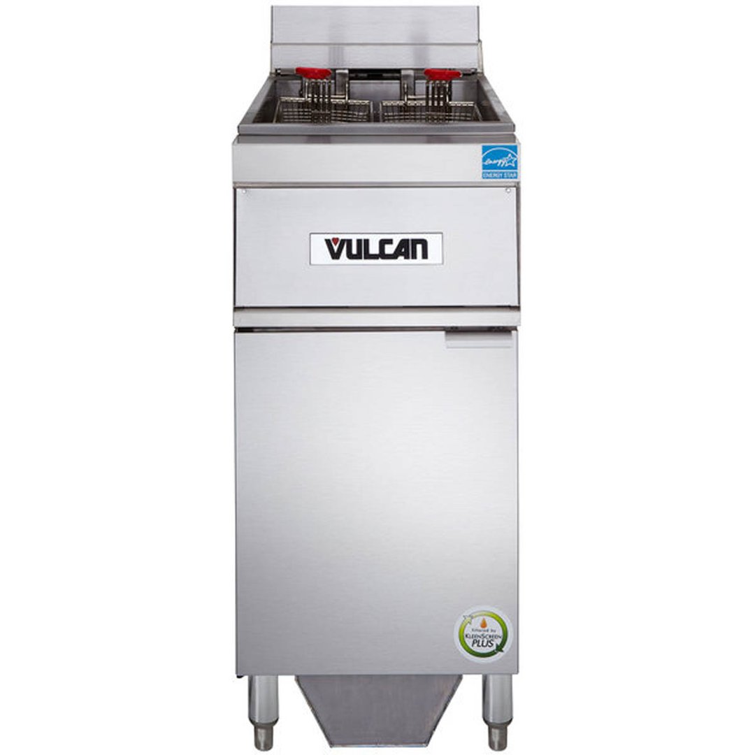 Vulcan 1ER50AF Full Pot Floor Model Electric Fryer w/ 50-lb., Twin Baskets, Analog Controls