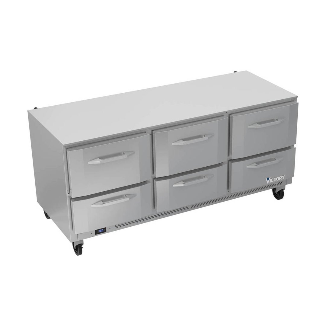 Victory VURD72HC-6 72" 3-Section Undercounter Refrigerator w/ 6 Drawers, 18 cu ft