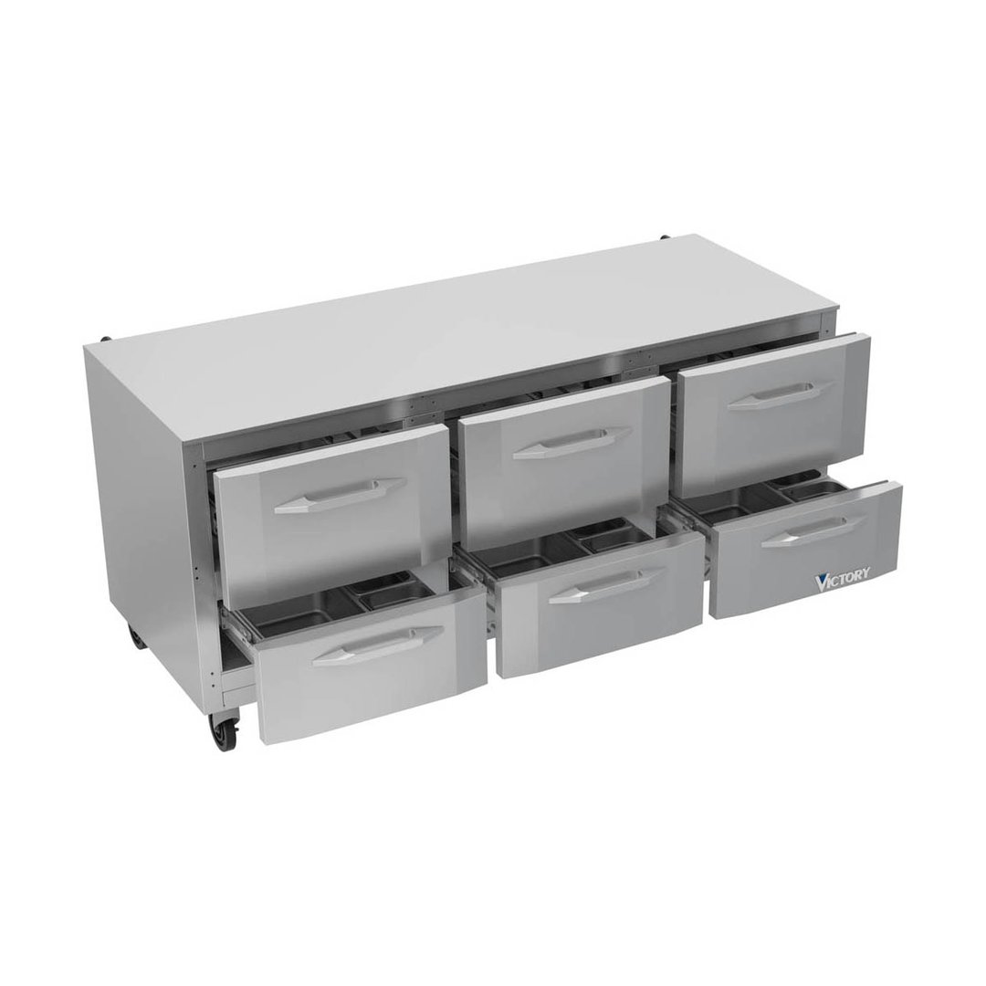 Victory VURD72HC-6 72" 3-Section Undercounter Refrigerator w/ 6 Drawers, 18 cu ft