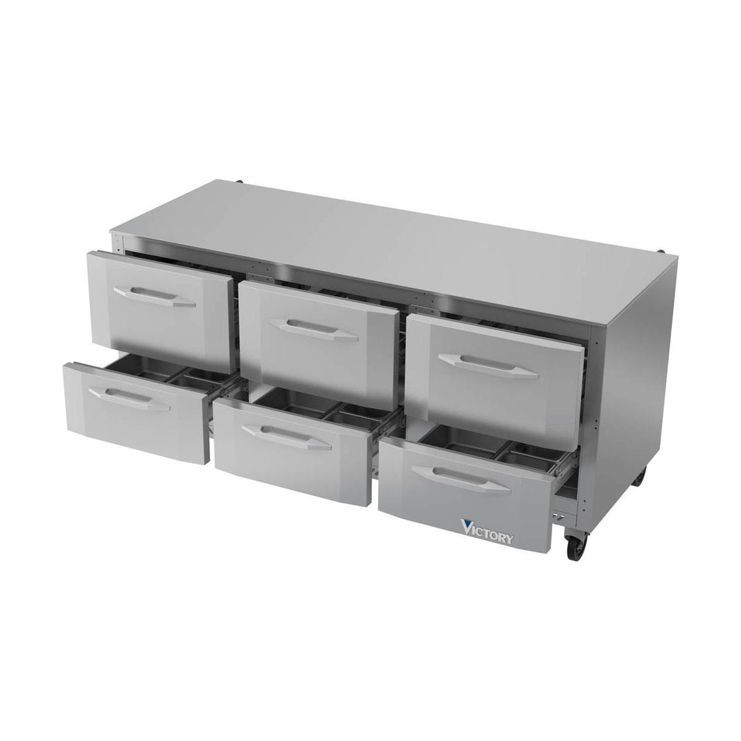 Victory VURD72HC-6 72" 3-Section Undercounter Refrigerator w/ 6 Drawers, 18 cu ft