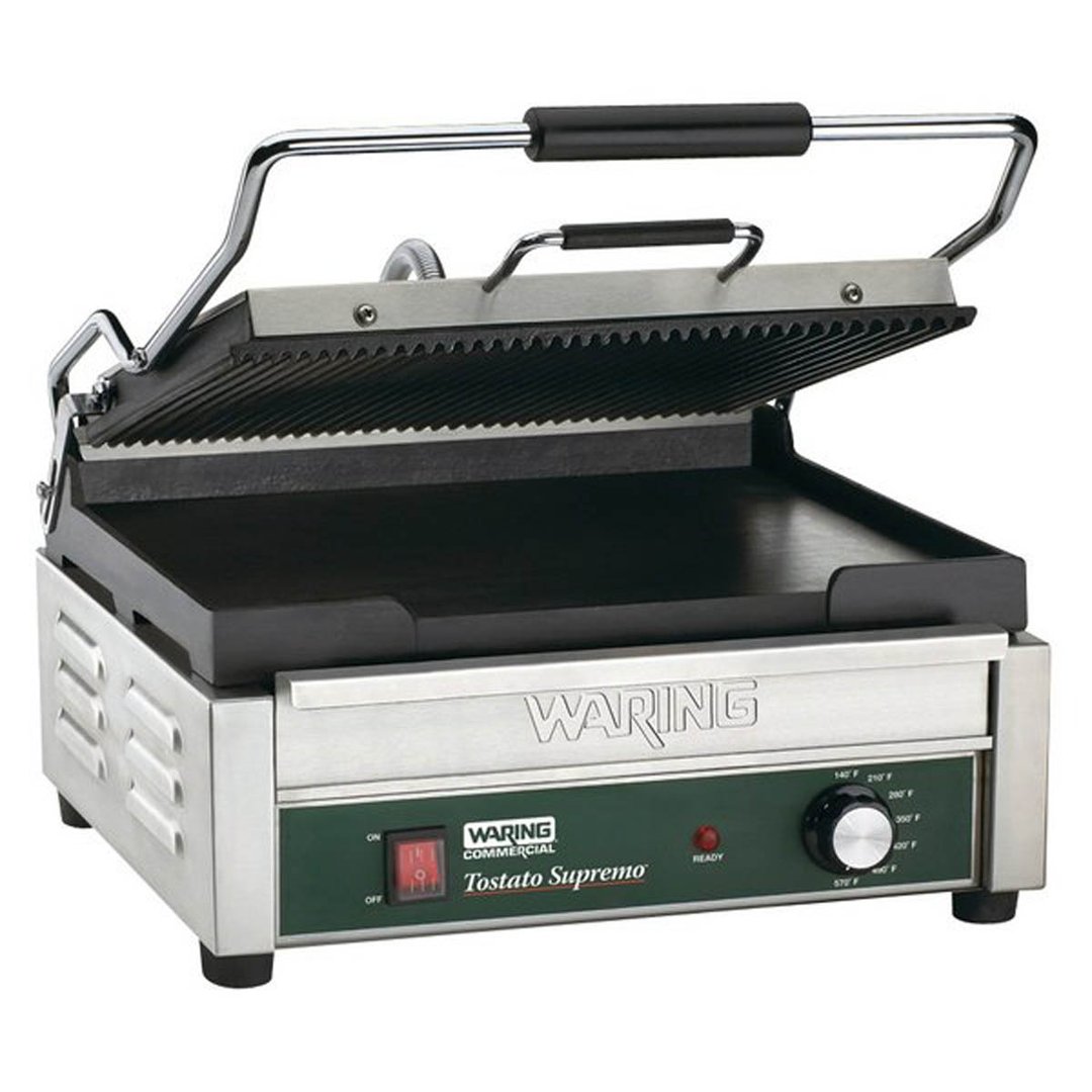Waring WDG250 Single Cast Iron Sandwich Panini Grill w/ 14.5" x 11" Grooved Plates, 120V