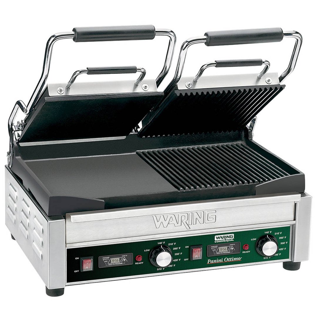 Waring WDG300T Double Cast Iron Sandwich Panini Grill w/ Timer, Smooth & Grooved Plates, 240V