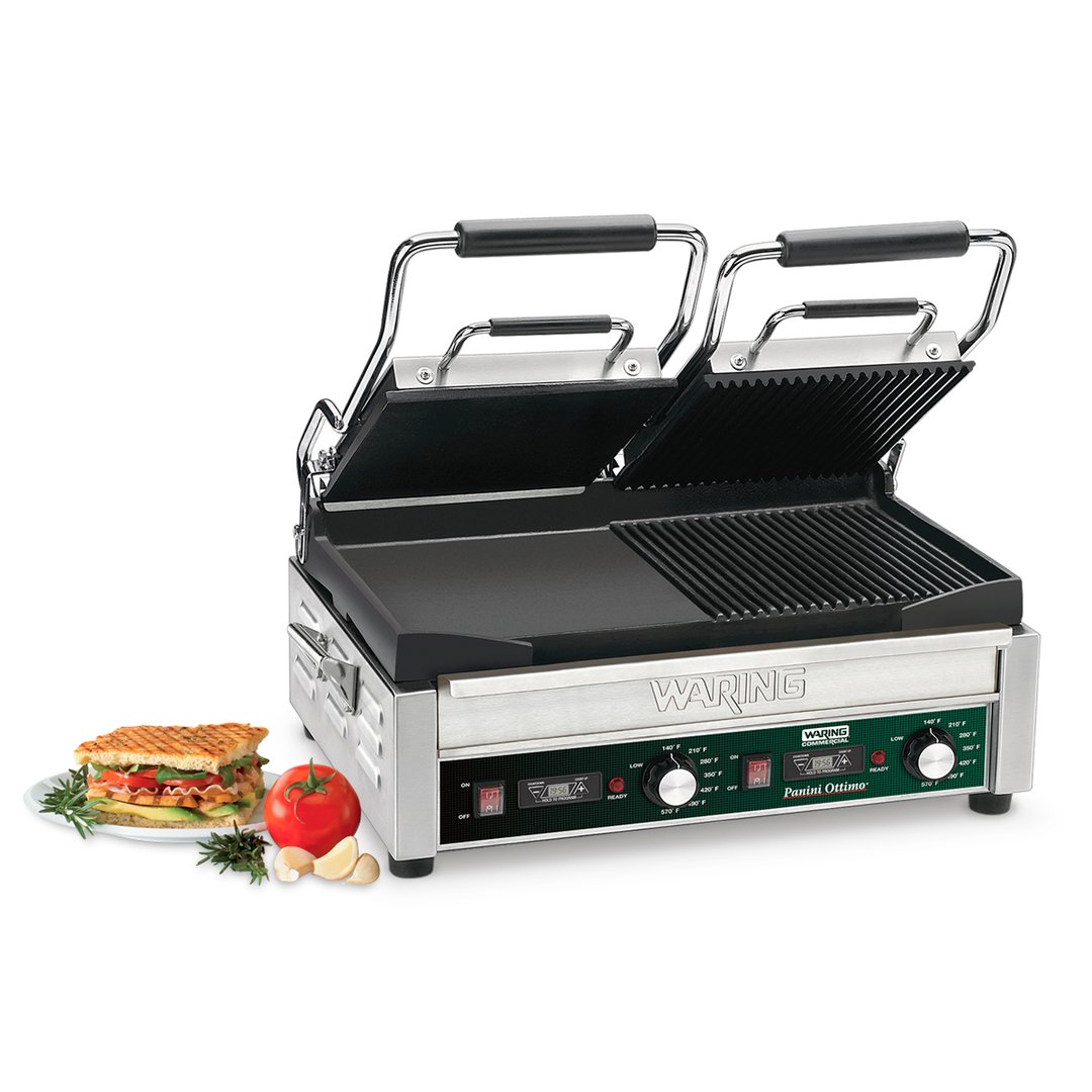 Waring WDG300T Double Cast Iron Sandwich Panini Grill w/ Timer, Smooth & Grooved Plates, 240V
