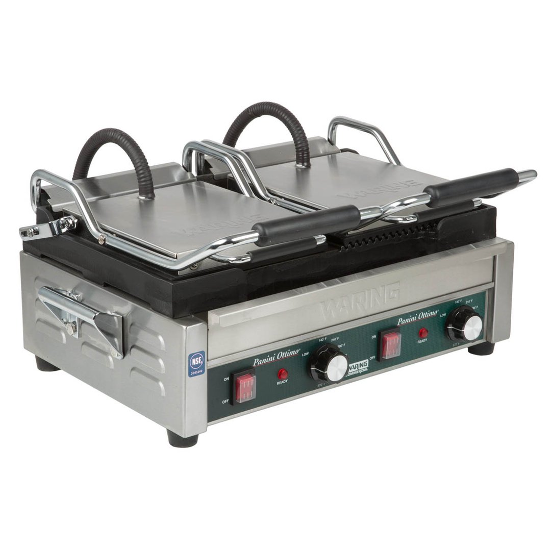 Waring WDG300T Double Cast Iron Sandwich Panini Grill w/ Timer, Smooth & Grooved Plates, 240V