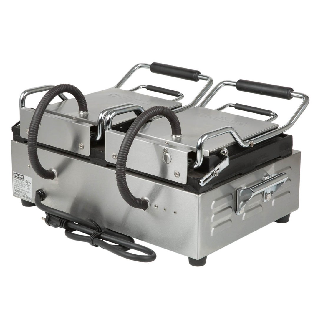 Waring WDG300T Double Cast Iron Sandwich Panini Grill w/ Timer, Smooth & Grooved Plates, 240V
