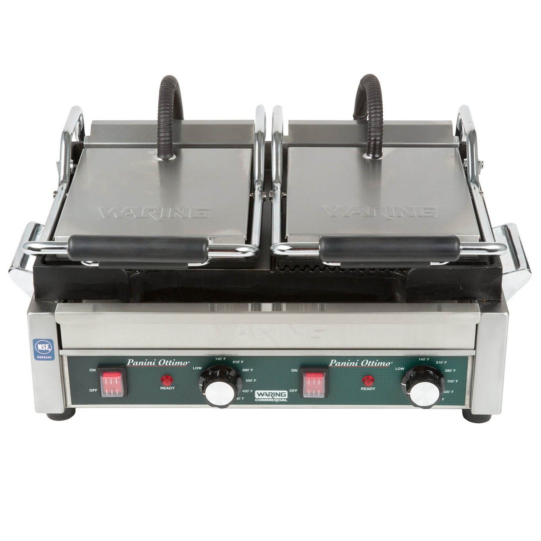 Waring WDG300T Double Cast Iron Sandwich Panini Grill w/ Timer, Smooth & Grooved Plates, 240V