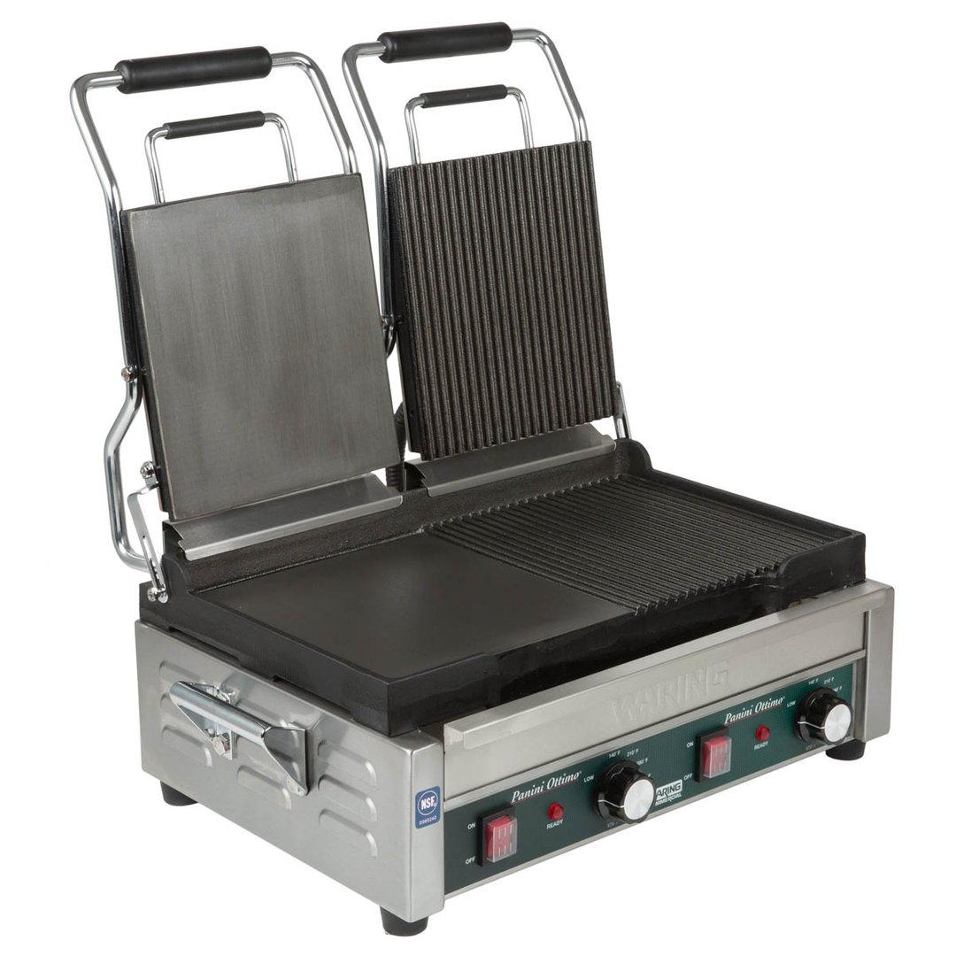 Waring WDG300T Double Cast Iron Sandwich Panini Grill w/ Timer, Smooth & Grooved Plates, 240V