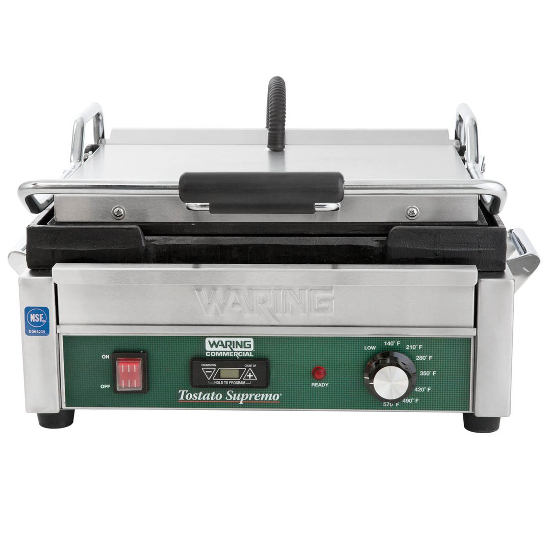 Waring WFG250 Single Cast Iron Sandwich Panini Grill w/ 14.5" x 11" Smooth Plates, 120V