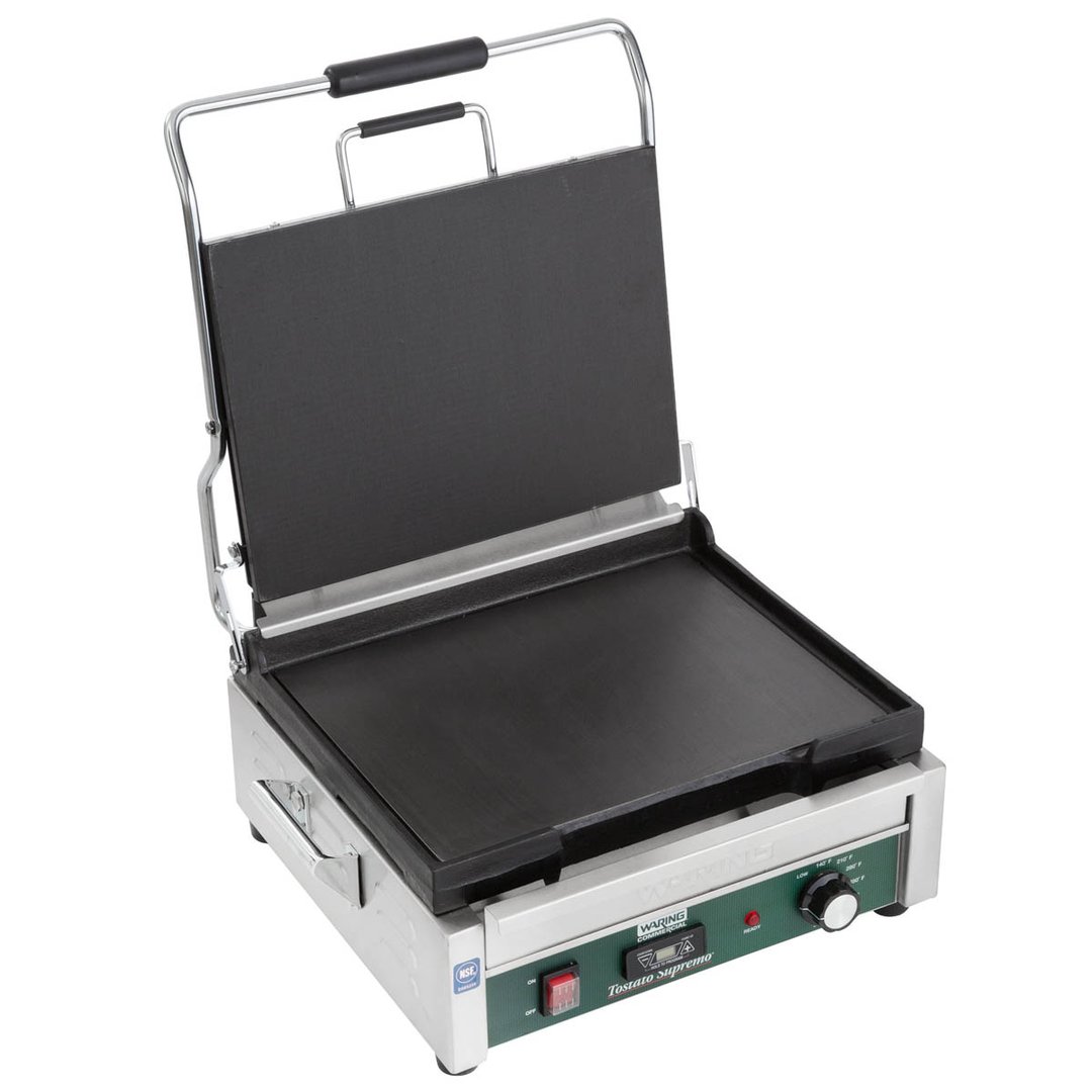 Waring WFG250 Single Cast Iron Sandwich Panini Grill w/ 14.5" x 11" Smooth Plates, 120V
