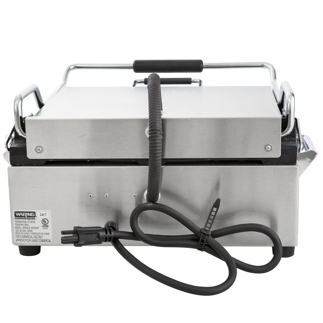 Waring WFG250 Single Cast Iron Sandwich Panini Grill w/ 14.5" x 11" Smooth Plates, 120V