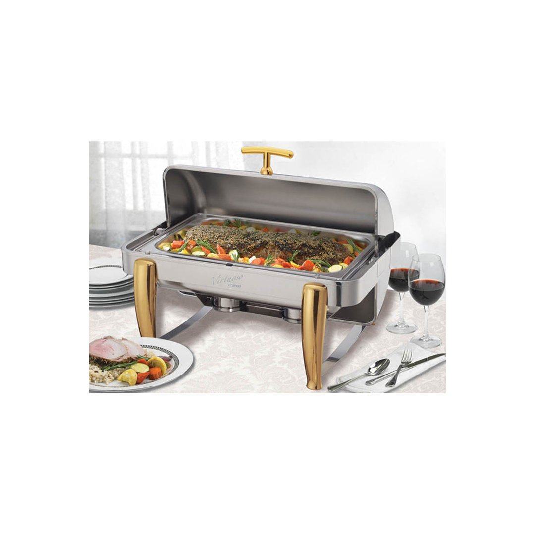 Winco 101A Virtuoso Series Full-Size Stackable Rectangular Chafer w/ 8 Qt., Roll-Top Cover
