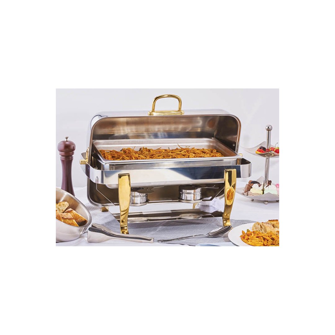 Winco 108A Vintage Series Full-Size Rectangular Chafer w/ 8 Qt. Capacity, Roll-Top Cover, Gold-Plated Handles