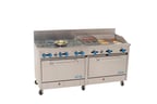 image of Comstock-Castle 2F330-24-1RB 72" Gas Restaurant Range w/ (6) Open Burners, (1) 12" Griddle, (1) 24" Charbroiler, (2) Standard Ovens, 300.000 BTU