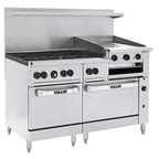 image of Vulcan 60SS-6B24GBN 60" Natural Gas Restaurant Range w/ (6) Open Burners, 24" Raised Griddle/Broiler Right, (2) Standard Ovens, 268.000 BTU 