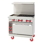 image of American Range ARGF-12G-4B-C 36" Gas Restaurant Range, (1) 12" Griddle, (4) Open Green Flame Burners w/ Pilotless Electronic Ignition, (1) Convection Oven, 150.000 BTU 