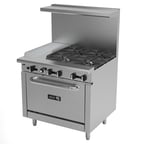image of Asber AEMR-G12-B4-36 36" Gas Restaurant Range w/ (4) Open Burners, (1) 12" Griddle, (1) Standard Oven, 174.000 BTU