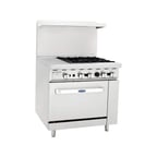 image of Atosa USA ATO-12G4B 36" Gas Restaurant Range with (4) Open Burners, (1) 12" Griddle, (1) Standard Oven, 148.000 BTU 