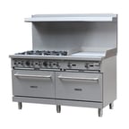 image of Adcraft BDGR-6024G/NG 60" Natural Gas Restaurant Range w/  (6) Open Burners, (1) 24" Griddle, (2) Standard Ovens, 280.000 BTU 