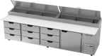 image of Beverage Air DPD119HC-9 119" Four Section Refrigerated Pizza Prep Table w/ 9 Drawers & 1 Door