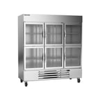 image of Beverage Air HBF72HC-5-HG 75" Three Section Reach-In Freezer w/ 6 Half Glass Doors, Stainless Steel, 69 cu. ft.