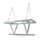 image of BK Resources BK-CM36PR 28" Stainless Steel Triple Bar Ceiling Hung Pot Rack w/ 18 Double Prong Hooks