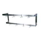 image of BK Resources BK-WPR2-72, 72" Stainless Steel Double Bar Wall Mounted Pot Rack with 12 Double Prong Hooks