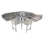 image of BK Resources BKCS-3-18-14-24T 63" 3 Compartment Corner Sink, 18"W x 18"L Bowl - Galvanized