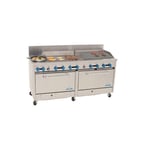 image of Comstock-Castle 2F330-30-2.5RB 72" Gas Restaurant Range w/ (2) Open Burners, (1) 30" Griddle, (1) 30" Charbroiler, (2) Standard Ovens, 266.000 BTU