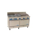 image of Comstock-Castle F33018-24-1RB 60" Gas Restaurant Range w/ (4) Open Burners, (1) 24" Griddle, (1) 12" Charbroiler, (1) Standard Oven, (1) Space Saver Oven, 240.000 BTU 
