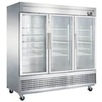 image of Dukers Appliance Co D83R-GS3 Three Section Reach-In Refrigerator w/ 3 Glass Doors, Bottom Mount, Stainless Steel, 65 cu. ft.