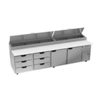 image of Beverage-Air DPD119HC-6T 119" Four Section Refrigerated Pizza Prep Table w/ 2 Doors & 6 Drawers