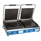 image of Globe GPGSDUE14D Double Sandwich Panini Grill w/ Timer, 14" x 14" Grooved & Smooth Plate, 208/240V