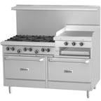 image of Garland US Range U60-6R24RS 60" Gas Restaurant Range w/ (6) Open Burners, 24" Raised Griddle/Broiler, (1) Standard Oven, (1) Cabinet Base, 263.000 BTU