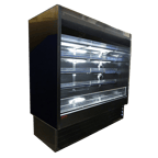 image of Howard-McCray SC-OD35E-6S-B-SL 75" Multi-Purpose Open Merchandiser in Black, Self-Contained, 4 Shelves, w/ Rear Sliding Doors, LED Lighting, Sloped End Panels