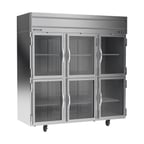 image of Beverage Air HRP3HC-1HG 78" Three Section Reach-In Refrigerator w/ 6 Glass Half Doors, Top Mounted, 1/3 hp, 71.5 cu. ft.