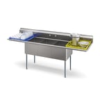 image of Koolmore KM-SC182414-24B3 102" Three Compartment Sink, 18"W x 24"L Bowl With 2 Drainboards