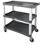 image of Lakeside 2503 Charcoal Plastic 3 Shelf Utility Cart - 36"W x 18-1/2"D x 35"H