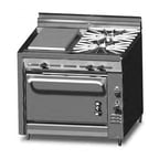 image of Montague Company V136-13PL 36" Gas Heavy Duty Range w/ (2) Open Burners, 18" Plancha Griddle, Convection Oven, 115.000 BTU