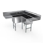 image of NBR Equipment 3CSG-181814LR18 57" 3 Compartment Corner Sink, 18"W x 18"L Bowl - Galvanized
