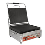 image of Omcan USA 19936 Single Sandwich Panini Grill w/ 15" x 12" Grooved Plates, 120V