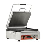 image of Omcan USA 42911 Single Sandwich Panini Grill w/ Timer, 15" x 12" Smooth Plates, 120V