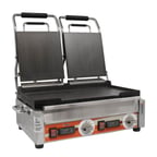 image of Omcan USA 42913 Double Sandwich Panini Grill w/ Timer, 18" x 10" Smooth Plates, 220V