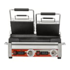 image of Omcan USA 42914 Double Sandwich Panini Grill w/ Timer, 18" x 10" Grooved Plates, 220V