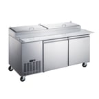 image of Omcan USA 50043 70" Two Section Refrigerated Pizza Prep Table w/ 2 Doors, (6) 1/3 Pans