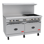 image of Royal Range of California RDR-6RG24 60" Gas Restaurant Range w/ (6) Open Burners, 24" Raised Griddle, (2) Standard Ovens, 290.000 BTU