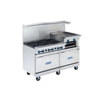 image of Royal Range of California RR-6RG24 60" Gas Restaurant Range w/ (6) Open Burners, 24" Raised Griddle, (2) Standard Ovens, 290.000 BTU