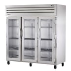image of True STA3R-3G 77" Three Section Reach-In Refrigerator w/ 3 Glass Doors, Top Mount, Aluminum Interior-Stainless Floor