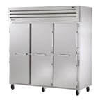 image of True STA3R-3S 77" Three Section Reach-In Refrigerator w/ 3 Solid Doors, Top Mount, Aluminum Interior-Stainless Floor