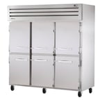 image of True STA3R-6HS 77" Three Section Reach-In Refrigerator w/ 6 Solid half Doors, Top Mount, Aluminum Interior-Stainless Floor